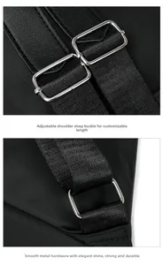 Detail of adjustable black nylon shoulder strap with durable silver metal buckle on backpack