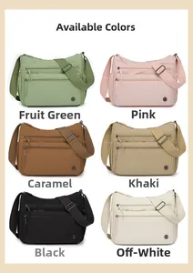 Showcase of multi-pocket nylon crossbody bags available in six vibrant assorted colors