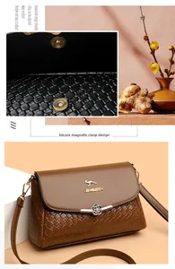 Détail du fermoir magnétique en fleur et texture tissée sur un sac à bandoulière marron