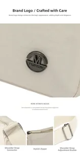 Detail of cream nylon bag featuring metal logo, adjustable strap and zipper hardware