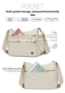 Detail view of multi-pocket nylon shoulder bag showing spacious storage for iPad and umbrella
