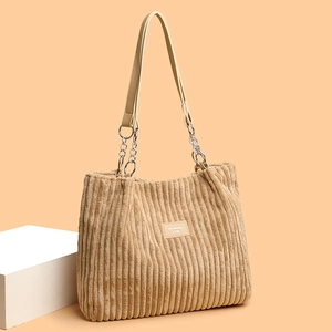Large capacity corduroy tote bag with chain strap in beige for women's daily commute