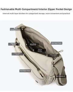 Top view of cream nylon crossbody bag showing multiple inner compartments and storage pockets