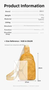 Comparaison de taille du sac banane jaune à clous avec iPad et bandoulière large