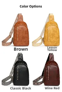 Vue détaillée des sacs de poitrine en cuir clouté en quatre couleurs avec sangle ethnique