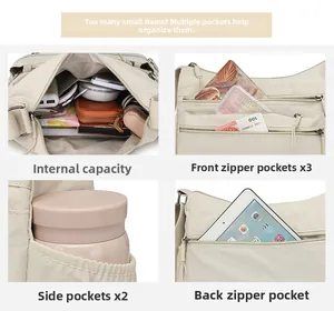 Detail view of large capacity beige nylon bag with multiple storage pockets and zippers