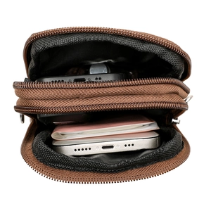 Braune Mini-Handytasche mit mehreren Schichten, drei Reißverschlussfächern und viel Stauraum