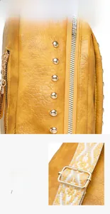 Détail du sac bandoulière en cuir jaune avec clous dorés et sangle en jacquard
