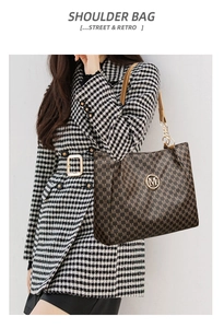 Retro shoulder bag with coffee monogram pattern and leather metal chain on houndstooth coat