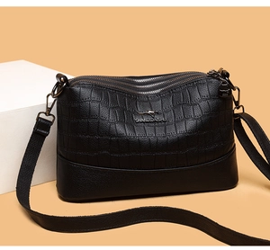 Close-up of black crocodile pattern faux leather with three-layer zipper design