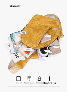 Grande capacité du sac bandoulière jaune à clous avec iPad, téléphone et parapluie