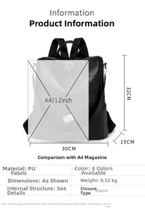 Detailed size specifications for a black PU leather backpack with dimensions and capacity