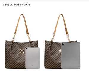 Capacity detail of brown tote bag showing fit for iPad mini and standard iPad