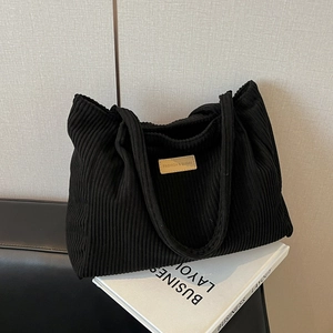 Grand sac cabas en velours côtelé noir pour l'école et le bureau avec étiquette