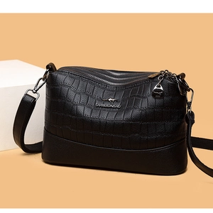 Macro shot of black crocodile texture leather crossbody bag with triple zippers and logo