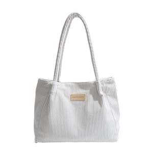 Sac fourre-tout blanc en velours côtelé pour femme avec rayures et étiquette en cuir