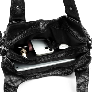 Large capacity black PU leather tote bag with multiple zip pockets for tablets and phones