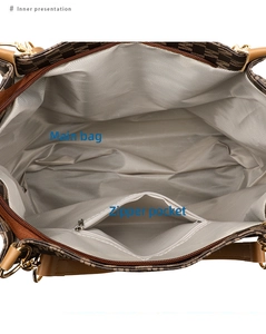 Interior view of tote bag featuring gray herringbone lining and a secure zipper pocket