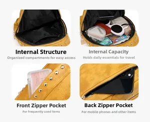 Vue détaillée du sac bandoulière jaune avec rivets dorés et compartiments internes