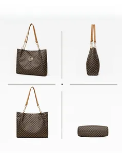 Detailed views of khaki monogram tote bag with gold metal logo and chain strap
