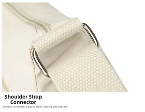 Detail of silver square buckle and thick canvas shoulder strap on a beige nylon bag