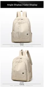 Front and side view of lightweight cream oxford cloth backpack with multiple zipper compartments