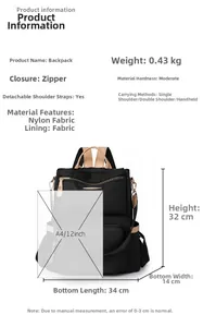 Detailed size chart of the black nylon backpack showing its 0.43kg weight and dimensions