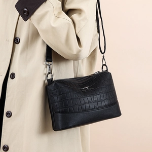 Three-layer black leather crossbody bag for women with crocodile and litchi texture