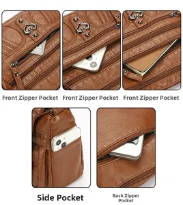Detailed view of brown leather bag showing multiple functional pockets and heart decor