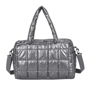Glossy silver quilted space cotton tote bag with metallic finish and detachable strap