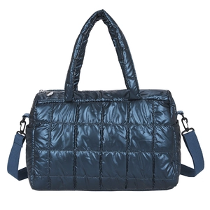 Glossy navy blue quilted puffer tote bag with square stitching and adjustable strap