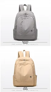 Vertical collage of grey and khaki oxford cloth backpacks with multi-pocket design