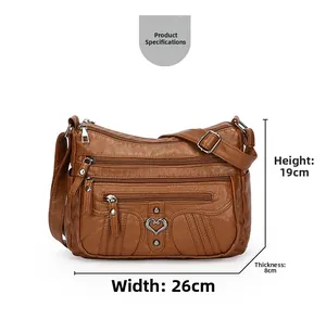 Brown soft PU leather crossbody bag dimensions detail: 26cm width by 19cm height