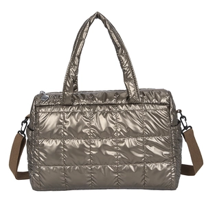 Golden quilted padded tote bag with metallic finish and detachable woven shoulder strap