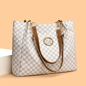 Classic commuter tote bag with beige M-print texture and brown leather chain straps