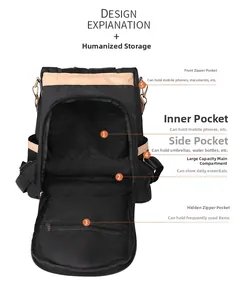 Detailed view of black nylon backpack interior storage compartments and multi-pocket design