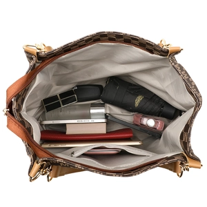 Large tote bag with brown M-print, showing spacious interior for tablet and essentials