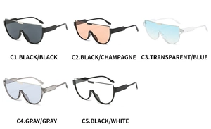 Detailed view of oversized shield sunglasses in five trendy colors and metal nose bridge