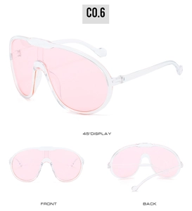 Drei-Seiten-Ansicht der rosa Shield-Sonnenbrille mit Front-, Rück- und 45-Grad-Winkel
