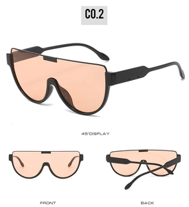 Three-angle view of oversized shield sunglasses with black frames and peach tinted lenses