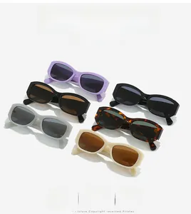 Close-up display of stylish square sunglasses in various trendy colors and materials