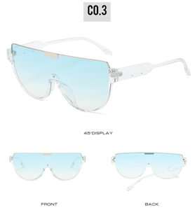 Three views of light blue gradient shield sunglasses with transparent frames and metal accents
