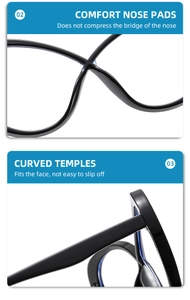 Detail of comfortable nose pads and curved temples on black cat-eye glasses