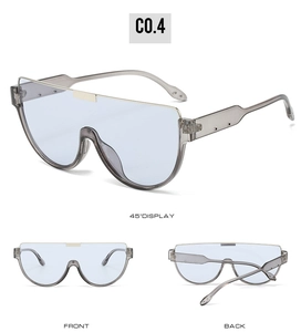 Three-view layout of semi-rimless oversized sunglasses with light blue lenses