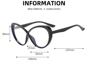 Detailed size specifications for cat-eye glasses with hollow frame and dimension markers