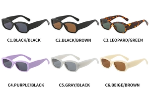 Detailed view of six color variations for square sunglasses including black and leopard frames