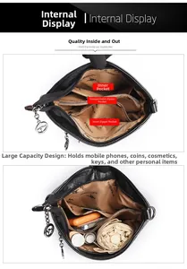 Vue détaillée de l'intérieur à grande capacité avec compartiments du sac seau en cuir noir