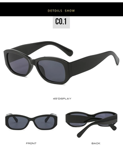 Detailed views of vintage square sunglasses with glossy black frames and dark gray lenses