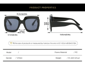 Detailed size specifications for square frame sunglasses with PC material dimensions