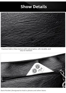 Détail du sac seau en cuir noir grainé avec poche arrière zippée fonctionnelle et pratique